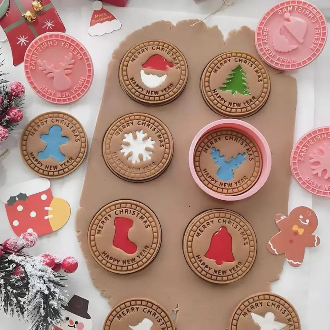Merry Christmas Cookie Stamp Set (10pcs) — Holiday Baking Embosser, Reindeer Snowflake Tree Angel Designs
