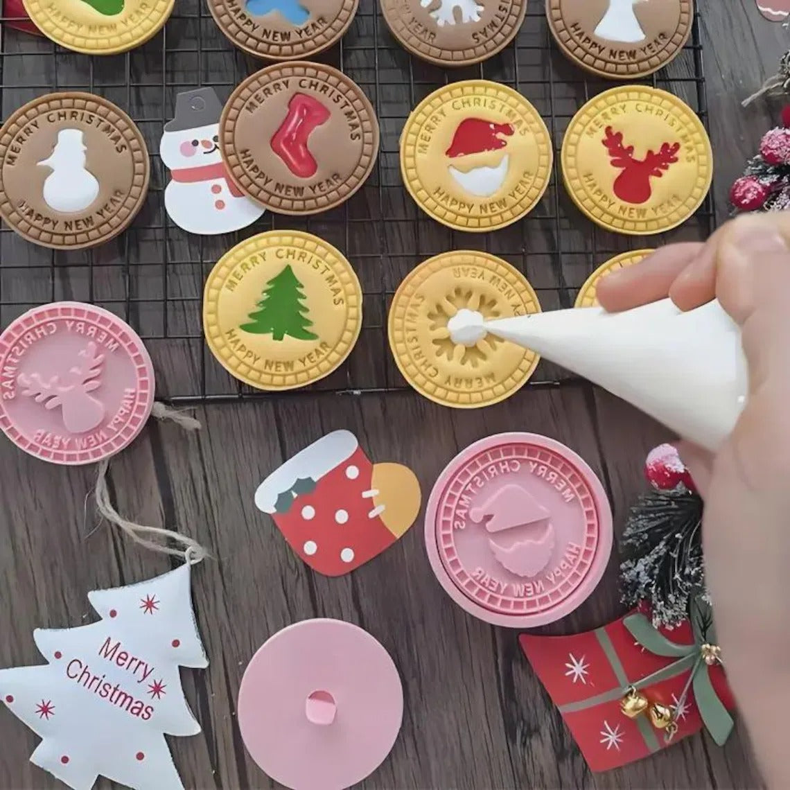 Merry Christmas Cookie Stamp Set (10pcs) — Holiday Baking Embosser, Reindeer Snowflake Tree Angel Designs