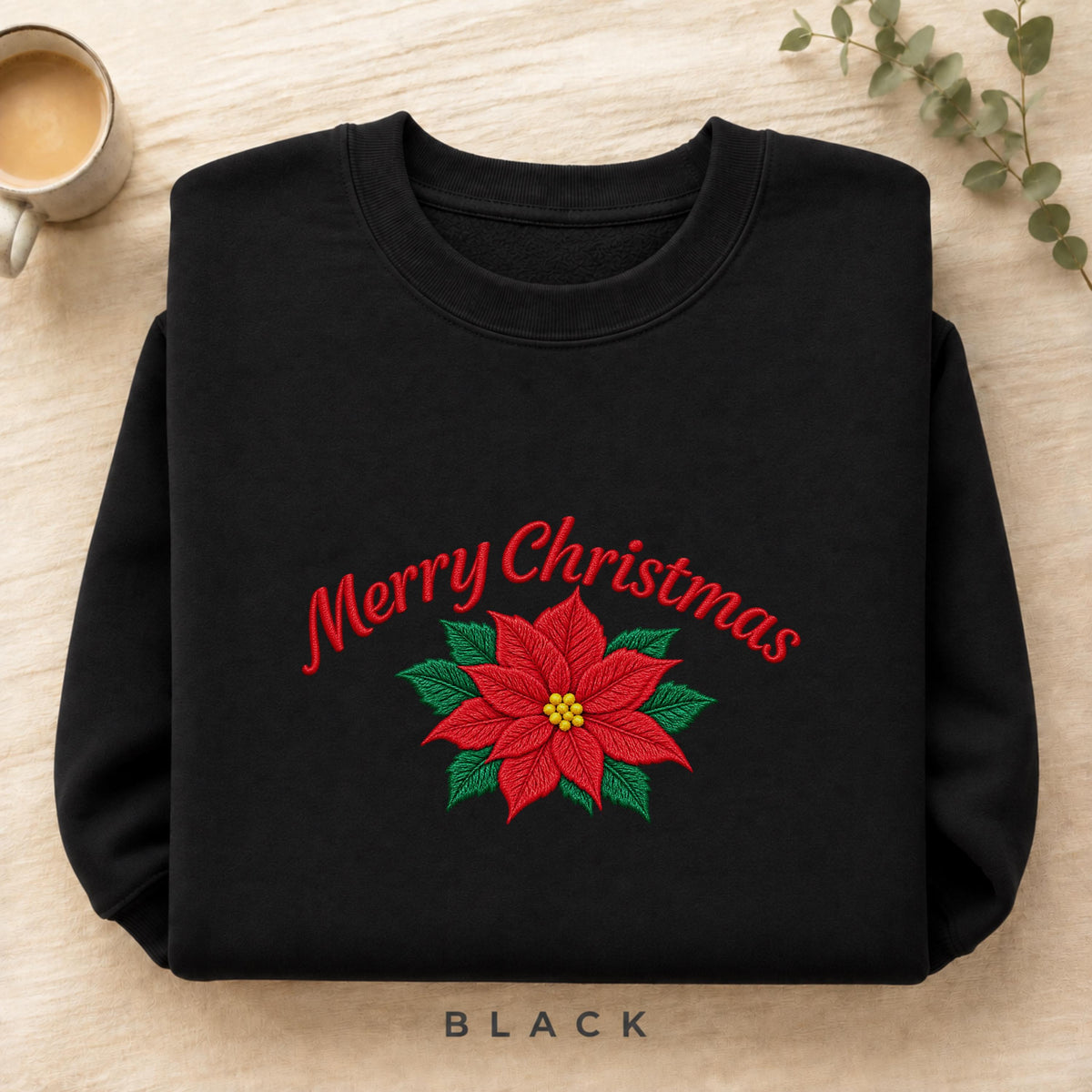 Christmas Sweatshirt with Poinsettia Embroidery — Festive Crewneck, Holiday Pullover for Women & Men