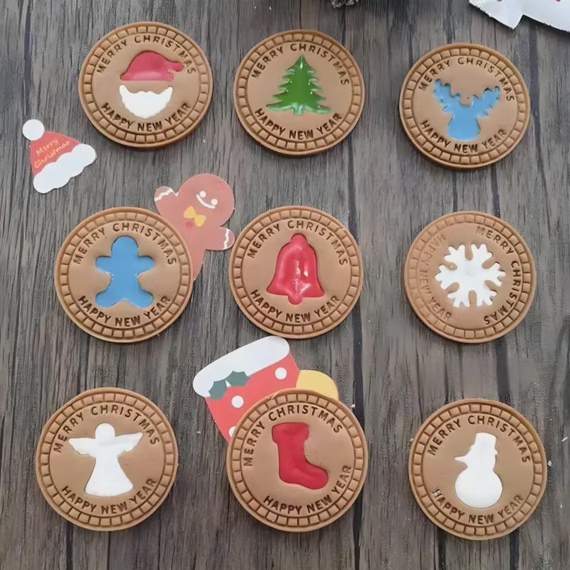 Merry Christmas Cookie Stamp Set (10pcs) — Holiday Baking Embosser, Reindeer Snowflake Tree Angel Designs