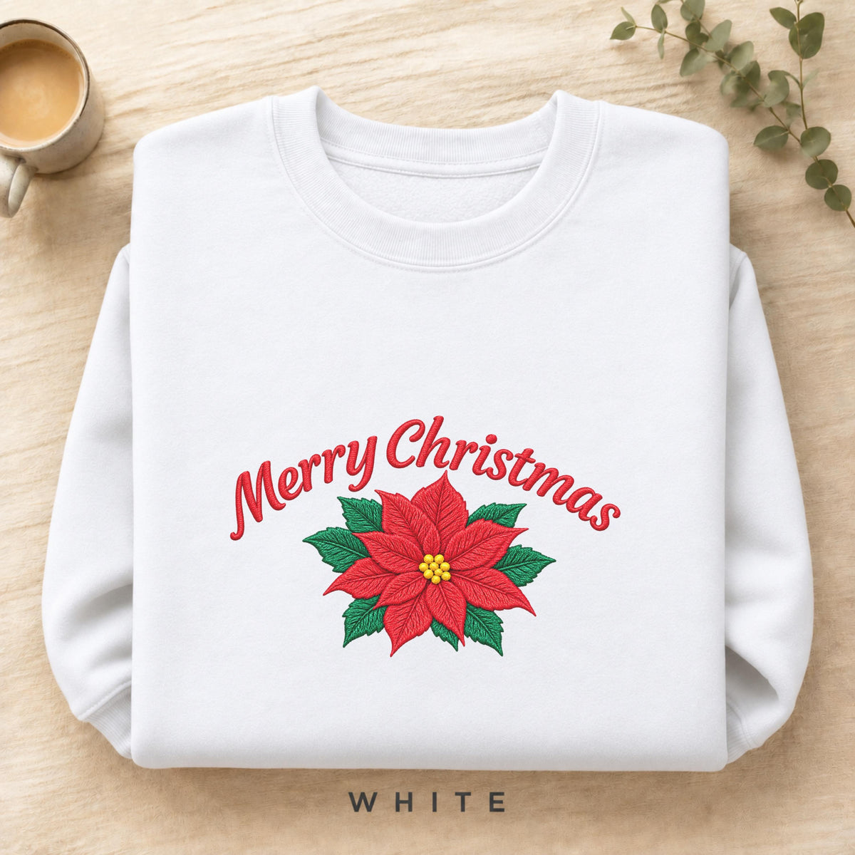 Christmas Sweatshirt with Poinsettia Embroidery — Festive Crewneck, Holiday Pullover for Women & Men