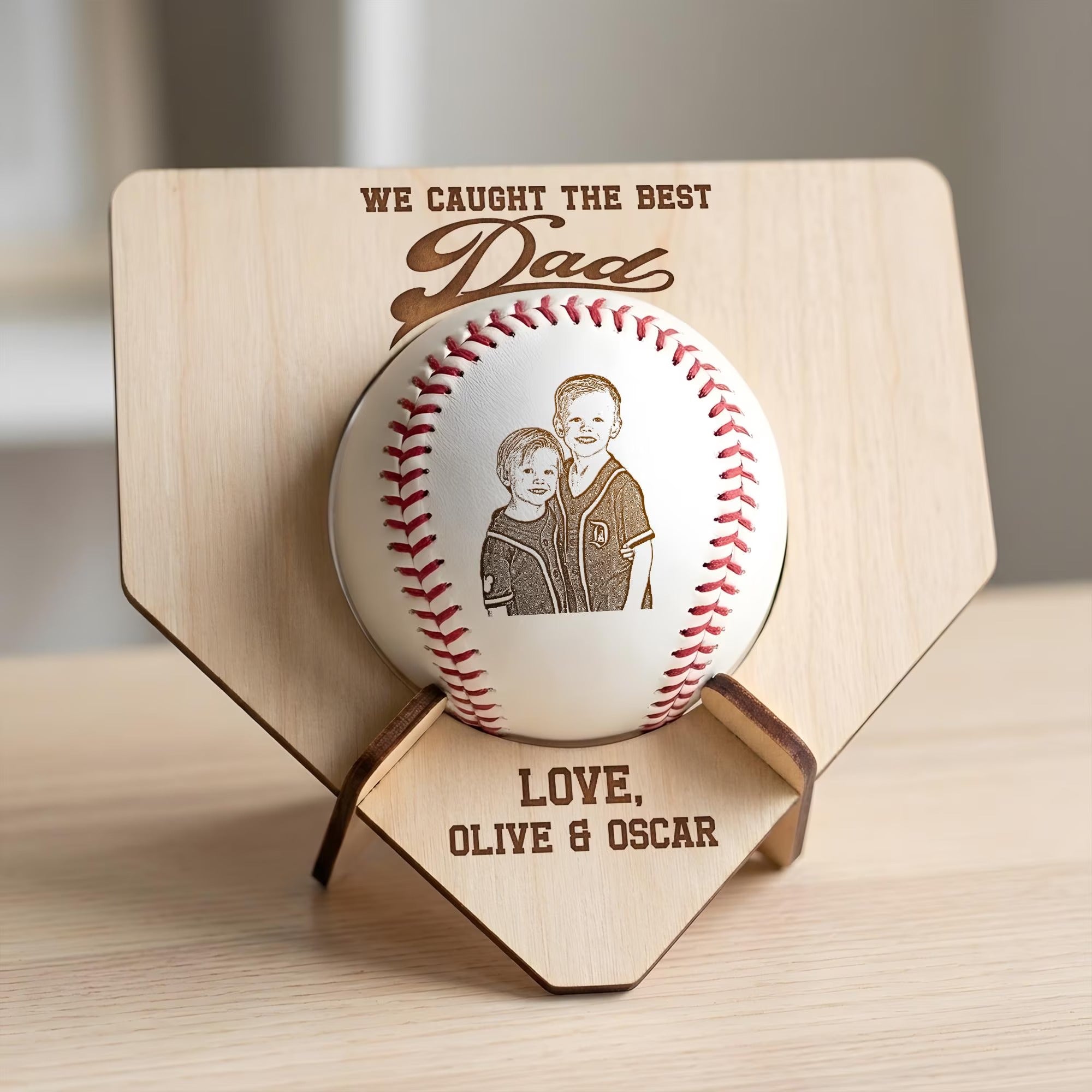 We Caught The Best Dad Custom Photo Baseball Display | Personalized Wooden Case Father's Day Gift