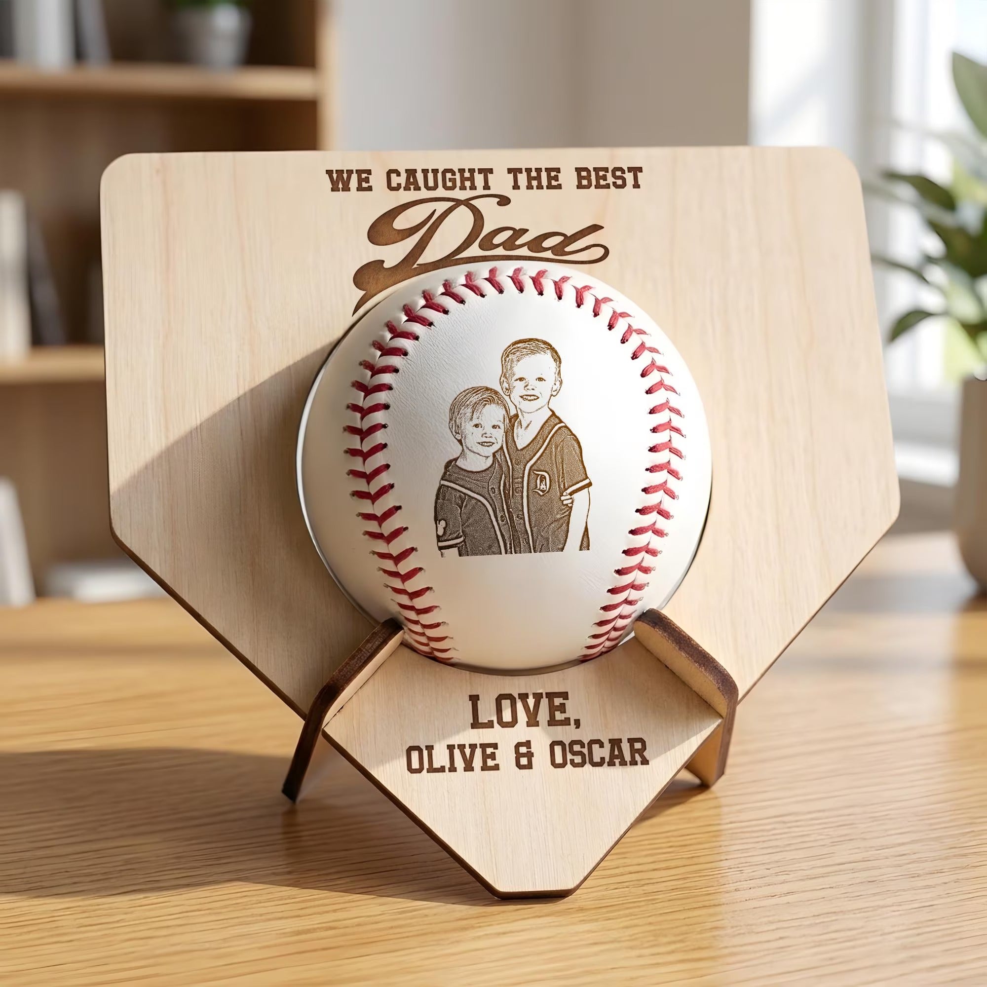 We Caught The Best Dad Custom Photo Baseball Display | Personalized Wooden Case Father's Day Gift