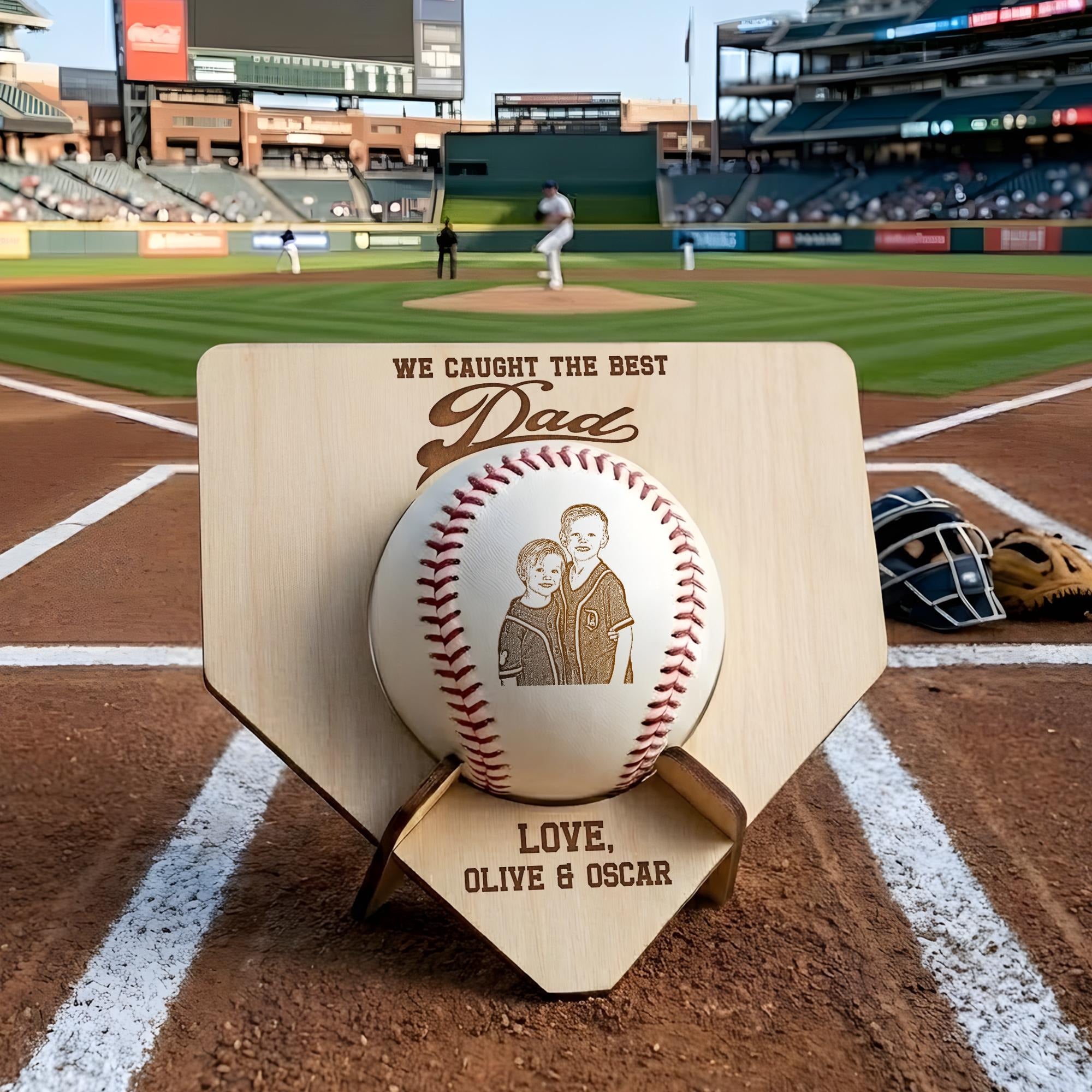 We Caught The Best Dad Custom Photo Baseball Display | Personalized Wooden Case Father's Day Gift