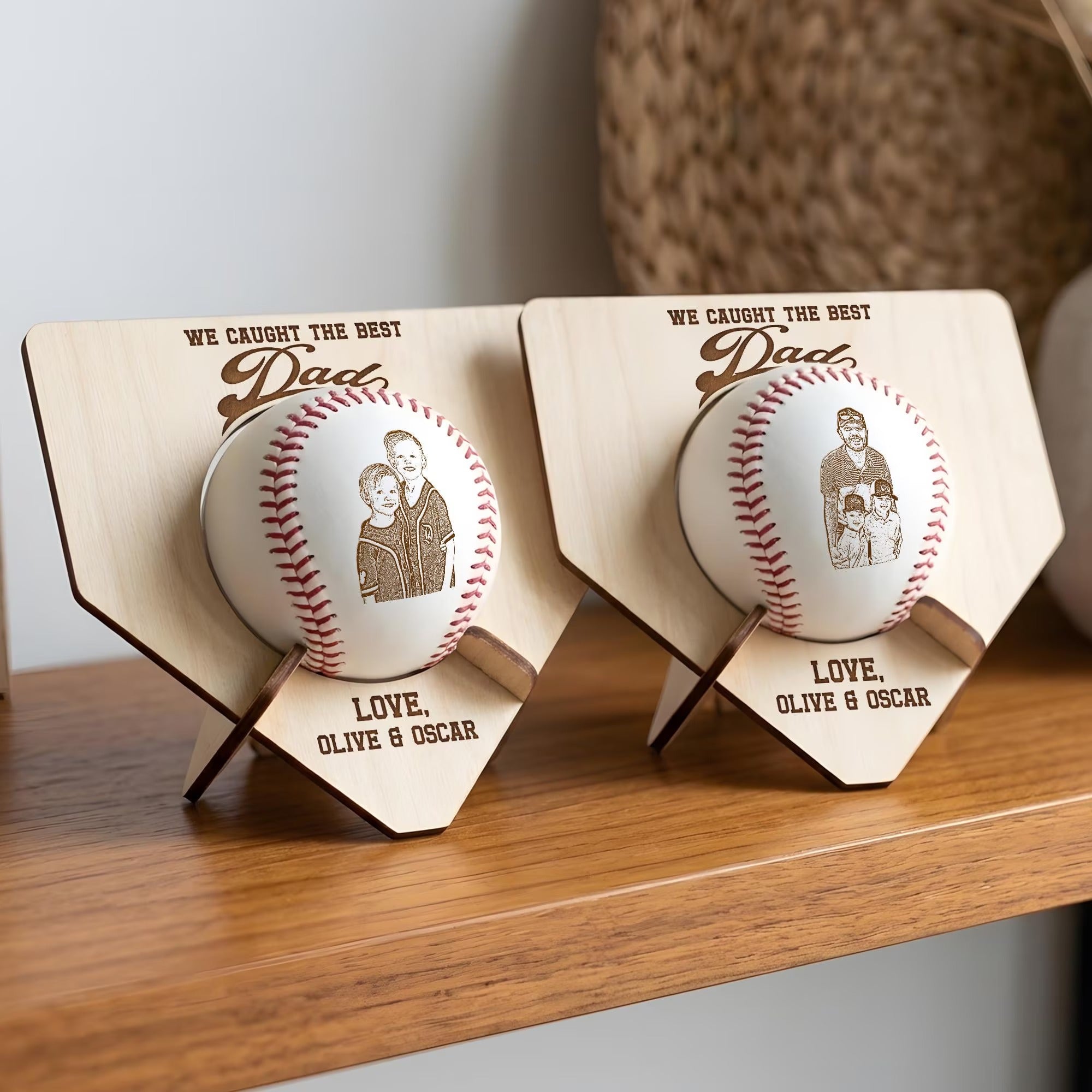 We Caught The Best Dad Custom Photo Baseball Display | Personalized Wooden Case Father's Day Gift
