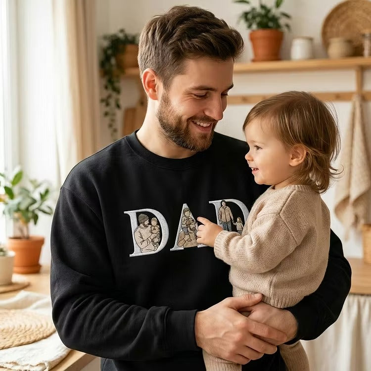 Custom Photo Portrait Letter Embroidered Sweatshirt T-Shirt Gift for Dad-Father's Day Gift