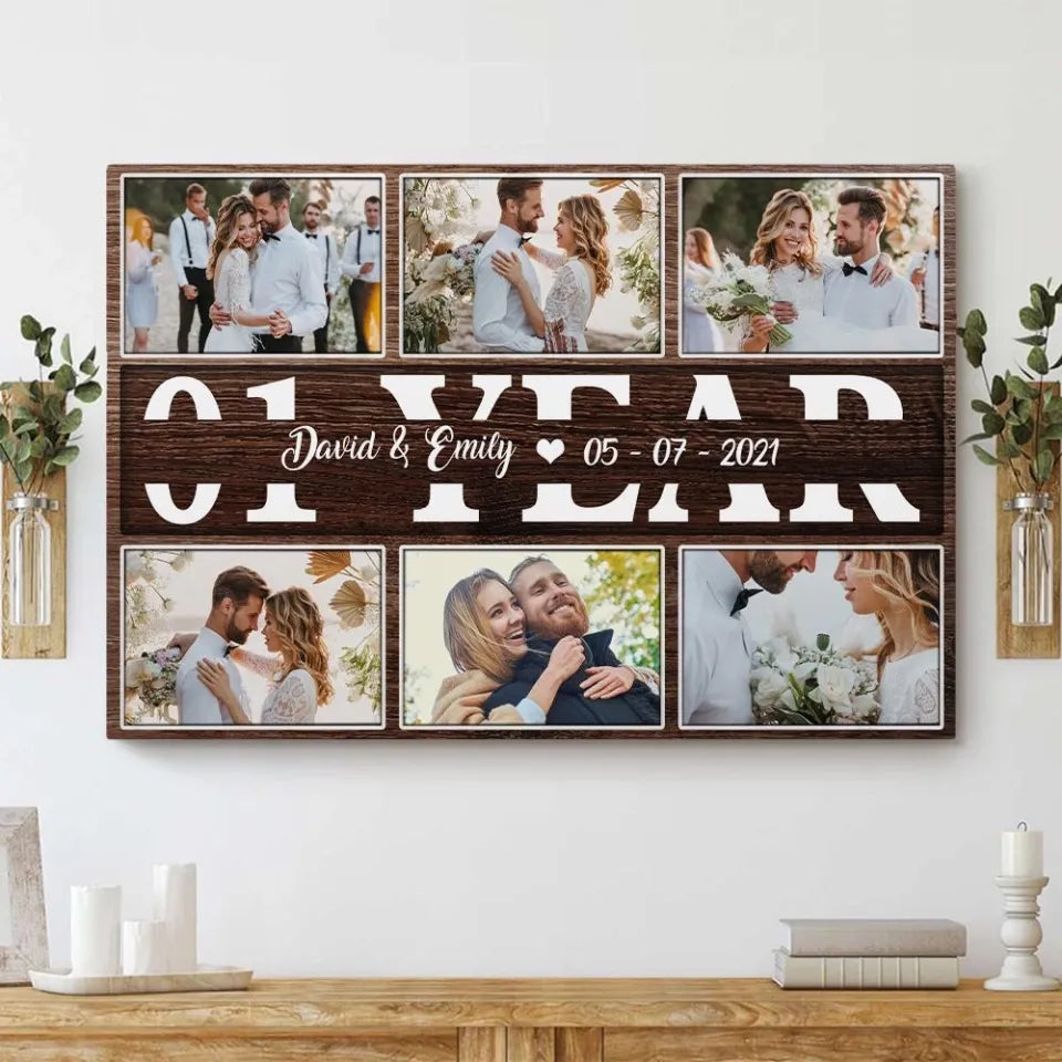 Custom Canvas Poster for Couples – Upload 6 Photos, Personalized Anniversary Gift with Names, Date & Milestone Years