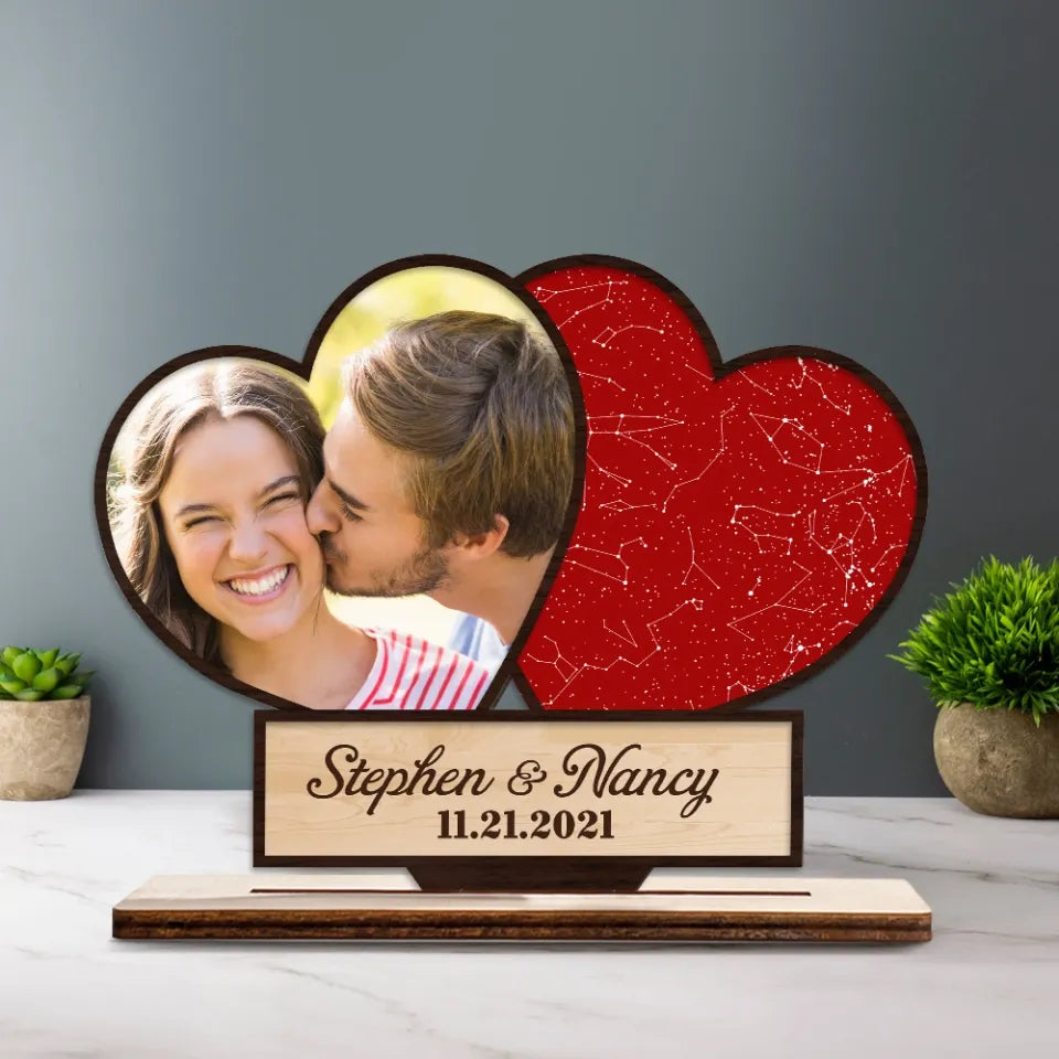 Personalized 3-Layer Wooden Plaque – Night Sky Heart Shape with Custom Photo, Romantic Couple Wall Decor, Anniversary Gift for Him & Her, Unique Love Keepsake