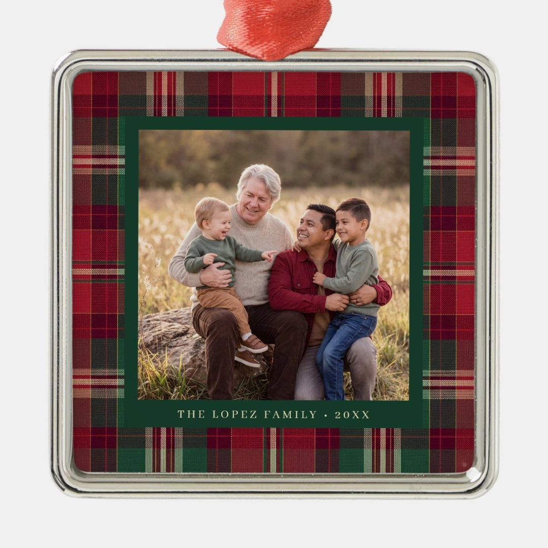 Personalized Tartan Plaid Family Photo Ceramic Ornament — Custom Christmas Tree Decoration & Keepsake Gift