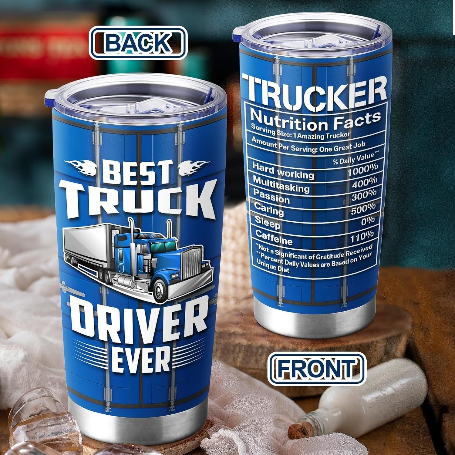 Custom Truck Driver Tumbler 20oz – Upload Your Truck Photo, with Funny Nutrition Facts Label for Men, Great Gift for Dad or Truck Driver on Father’s Day & Birthday