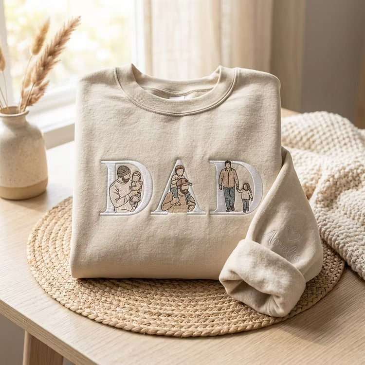 Custom Photo Portrait Letter Embroidered Sweatshirt T-Shirt Gift for Dad-Father's Day Gift