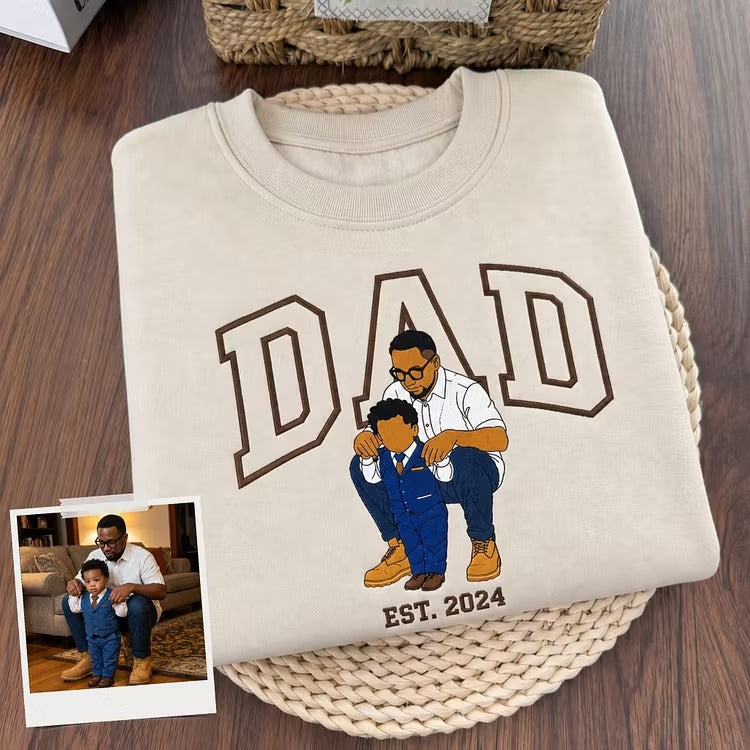Personalized Embroidered DAD T-Shirt – Custom Full-Color Photo Portrait & Name – Father’s Day Gift for Papa & Grandpa