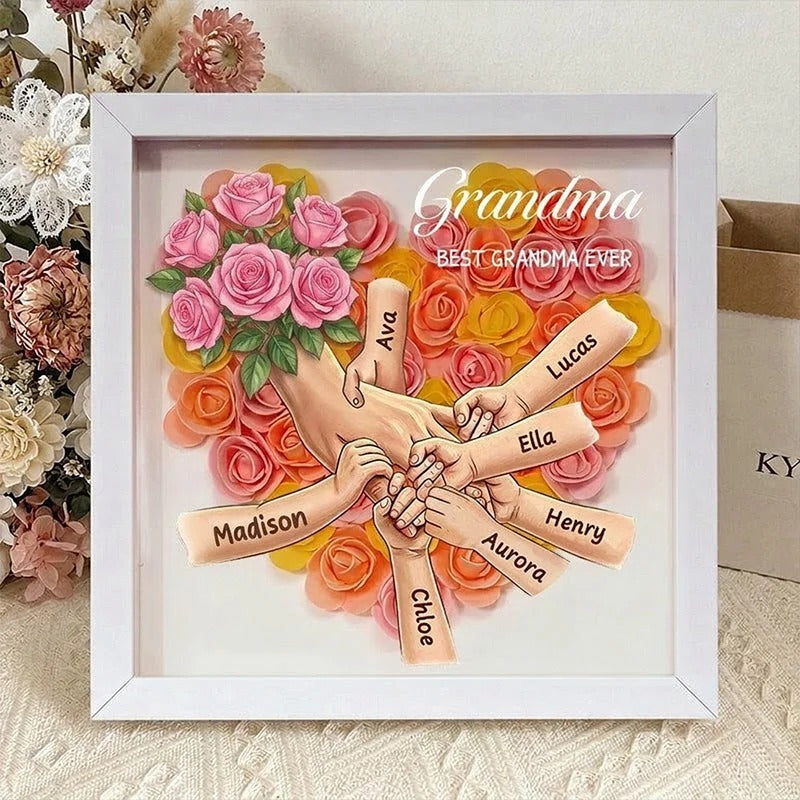 Pink Roses Personalized Mom Holding Hands Shadow Box – Custom Name Remembrance Frame, Mother’s Day In Loving Memory Gift