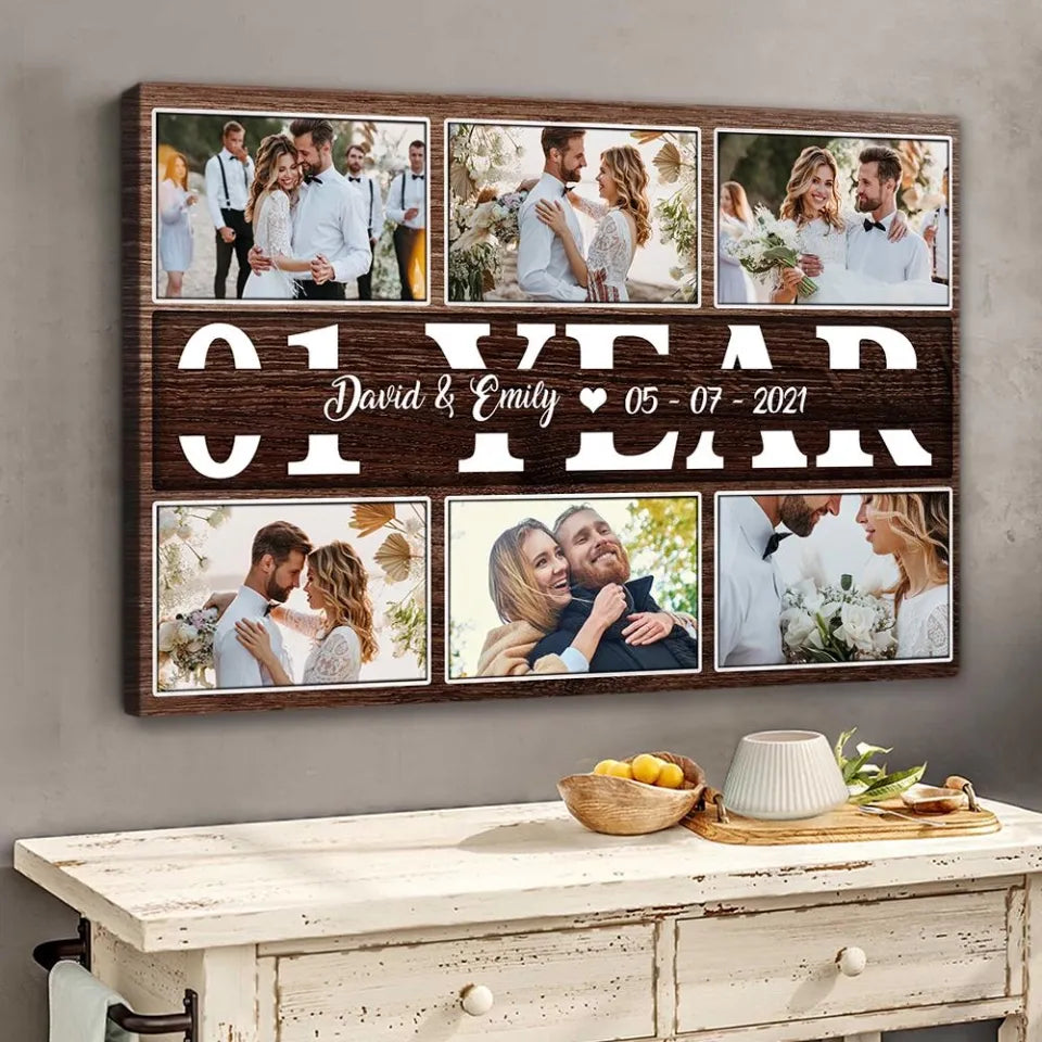 Custom Canvas Poster for Couples – Upload 6 Photos, Personalized Anniversary Gift with Names, Date & Milestone Years