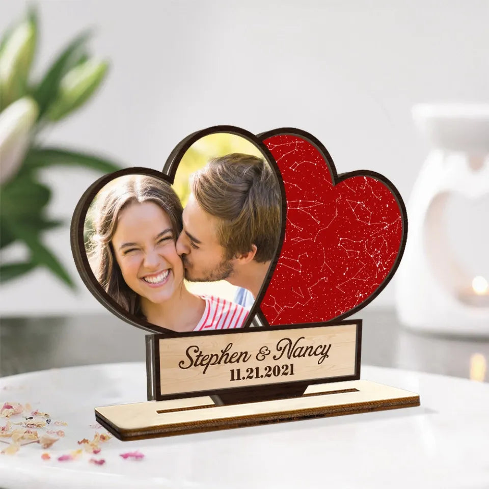 Personalized 3-Layer Wooden Plaque – Night Sky Heart Shape with Custom Photo, Romantic Couple Wall Decor, Anniversary Gift for Him & Her, Unique Love Keepsake