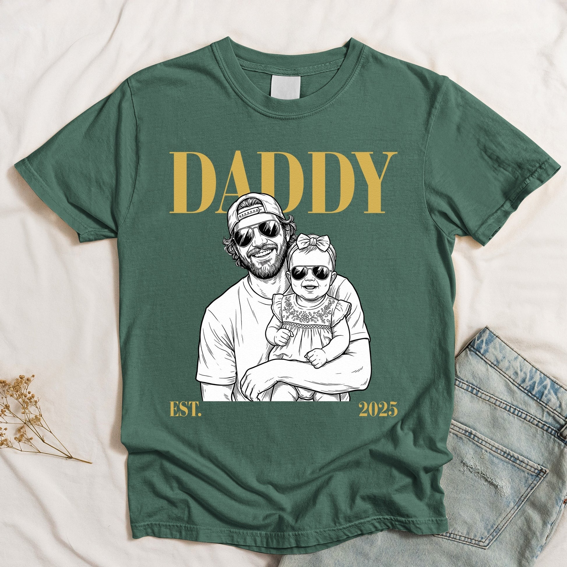 Daddy Est Custom Photo Sketch Line Art T-shirt Sweatshirt Hoodie | Personalized Father's Day Gift