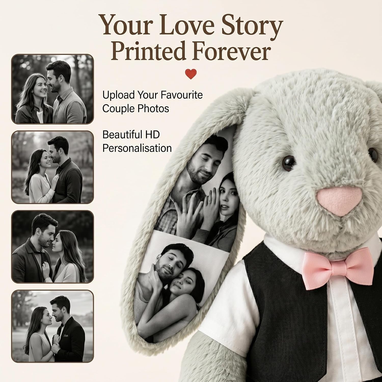 Custom Photo Wedding Bunny Plush Personalized Bride & Groom Bunny Stuffed Animal, Anniversary Wedding Gift for Couples