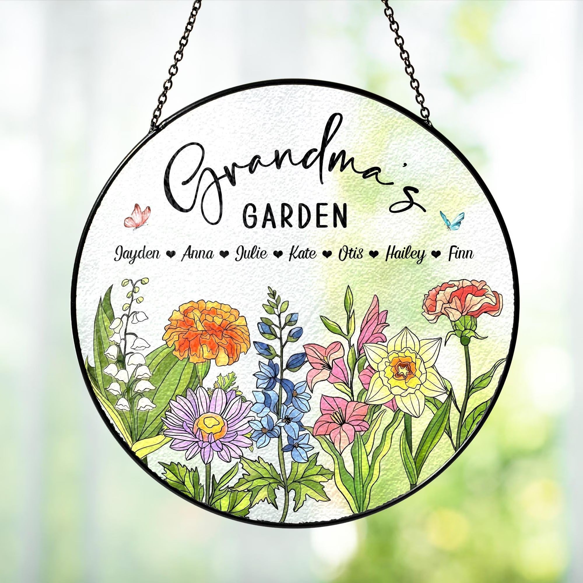 Custom Birth Flowers Glass Art Suncatcher, Grandma's Garden Gift, Mother's Day Gift, Grandma Gift From Grandkids, Wall Window Decor
