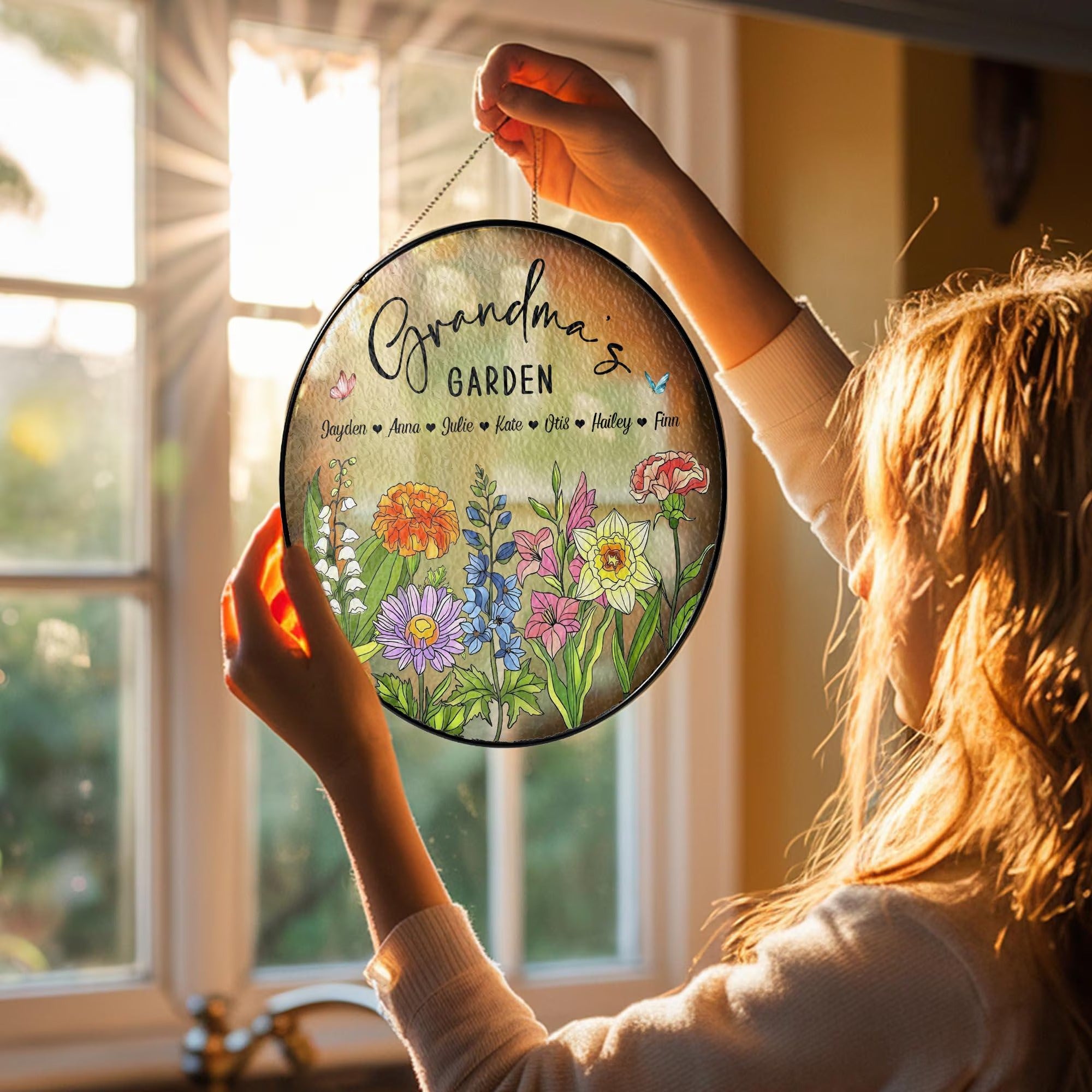 Custom Birth Flowers Glass Art Suncatcher, Grandma's Garden Gift, Mother's Day Gift, Grandma Gift From Grandkids, Wall Window Decor