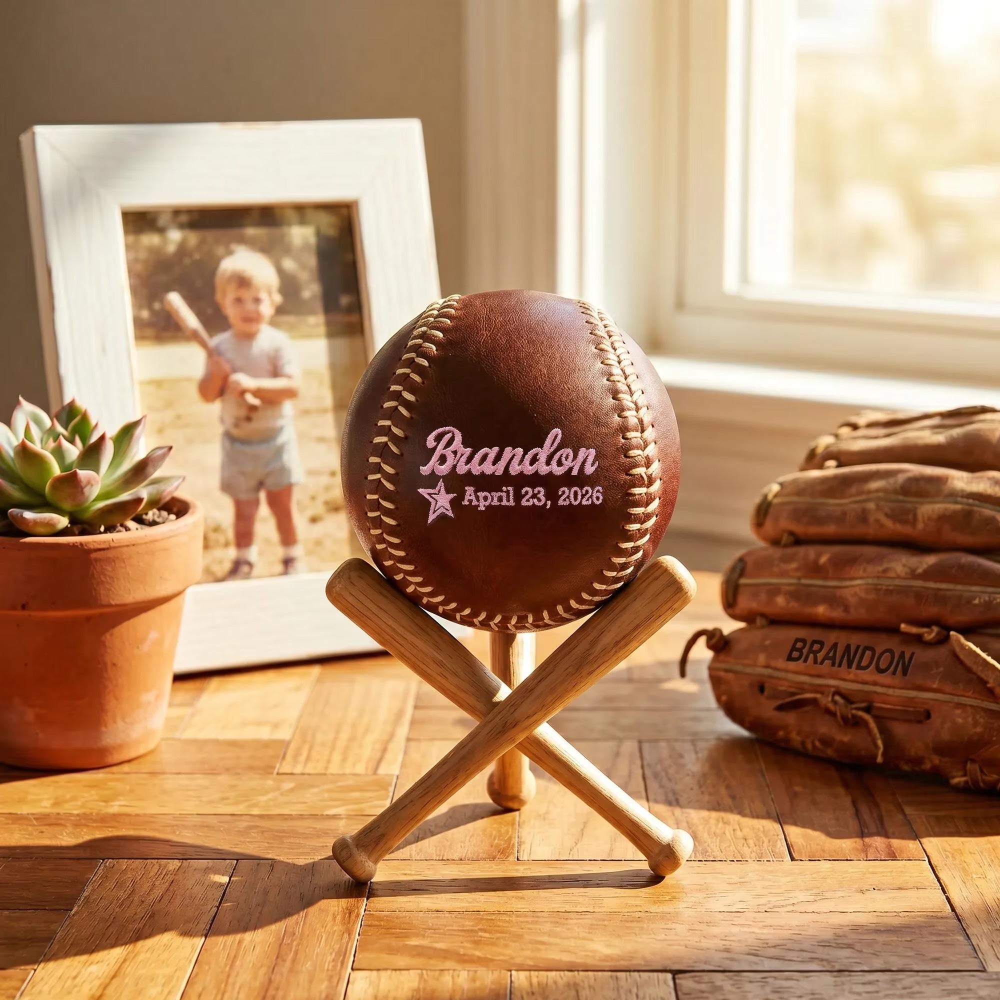 Father's Day Embroidered Leather Baseball | Custom Handcrafted Keepsake Gift for Dad, Personalized Message
