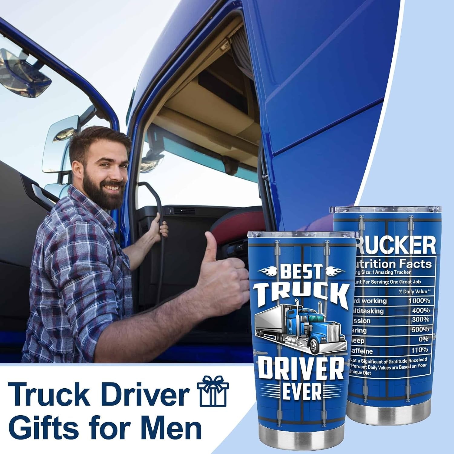 Custom Truck Driver Tumbler 20oz – Upload Your Truck Photo, with Funny Nutrition Facts Label for Men, Great Gift for Dad or Truck Driver on Father’s Day & Birthday