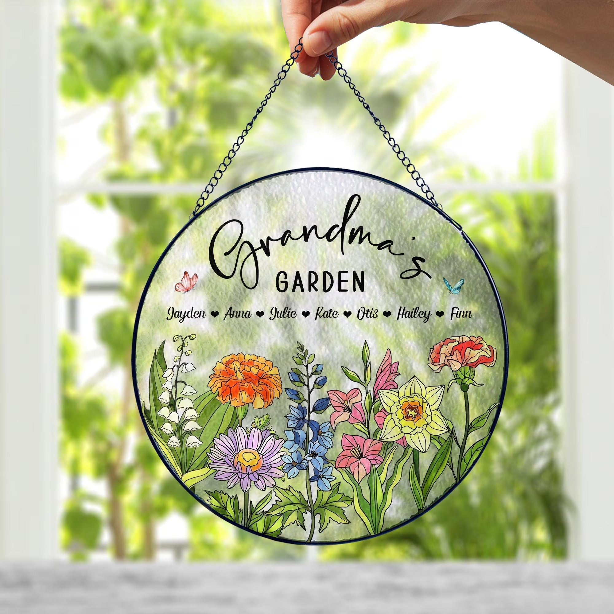 Custom Birth Flowers Glass Art Suncatcher, Grandma's Garden Gift, Mother's Day Gift, Grandma Gift From Grandkids, Wall Window Decor