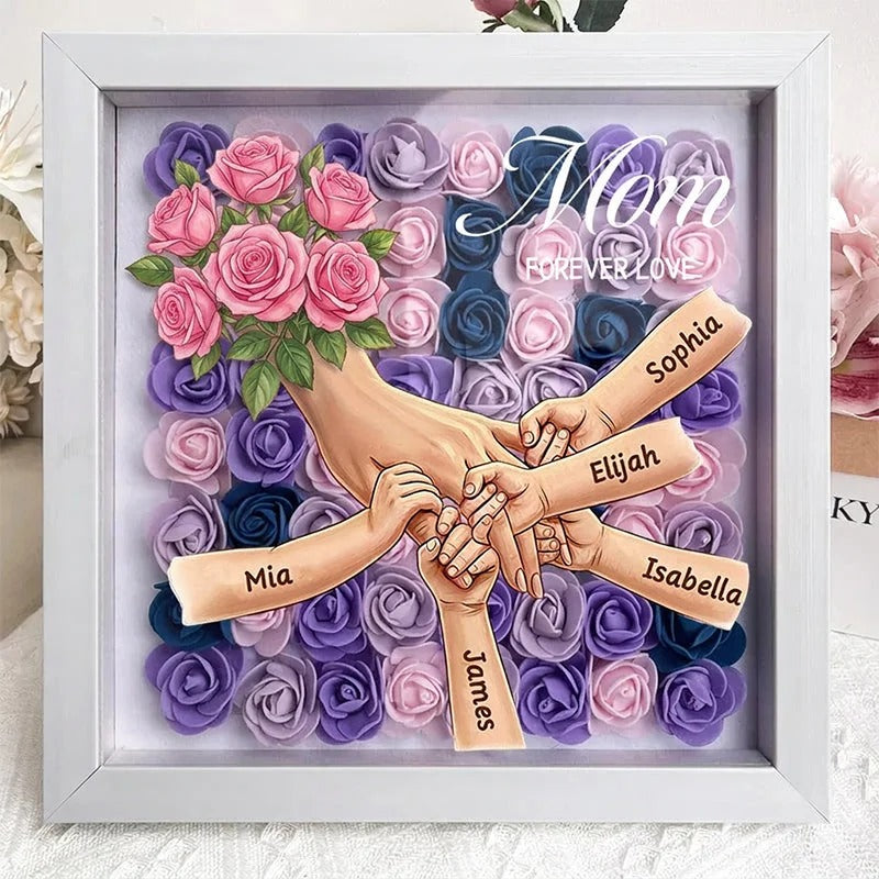 Pink Roses Personalized Mom Holding Hands Shadow Box – Custom Name Remembrance Frame, Mother’s Day In Loving Memory Gift