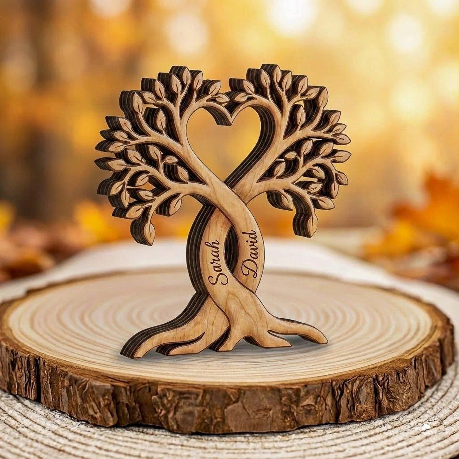 Personalized Heart Tree Wooden Block – Custom Couple Anniversary Gift