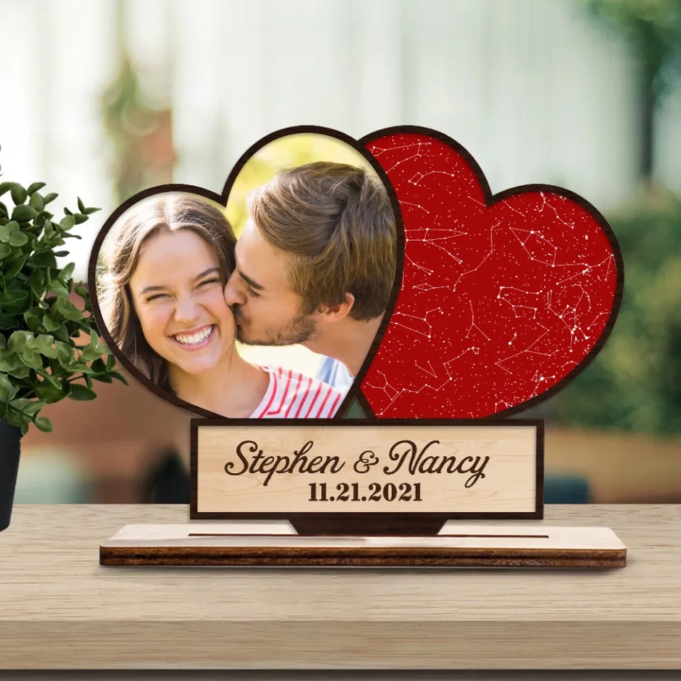 Personalized 3-Layer Wooden Plaque – Night Sky Heart Shape with Custom Photo, Romantic Couple Wall Decor, Anniversary Gift for Him & Her, Unique Love Keepsake
