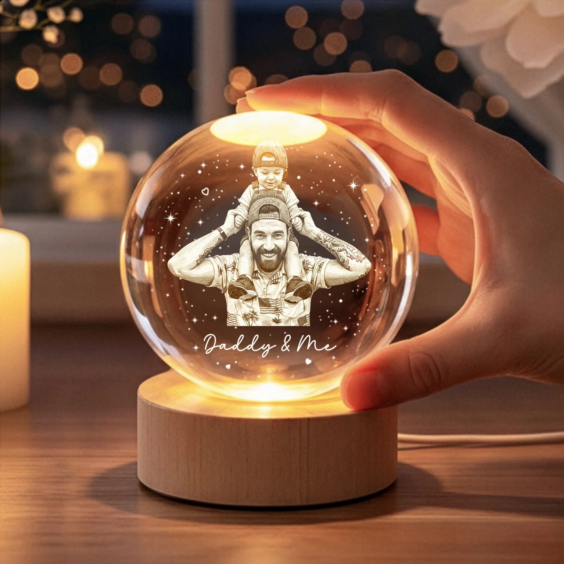Custom Photo Gift For Dad, Husband, Father's Day Gift For Him - Personalized Night Crystal Ball Light