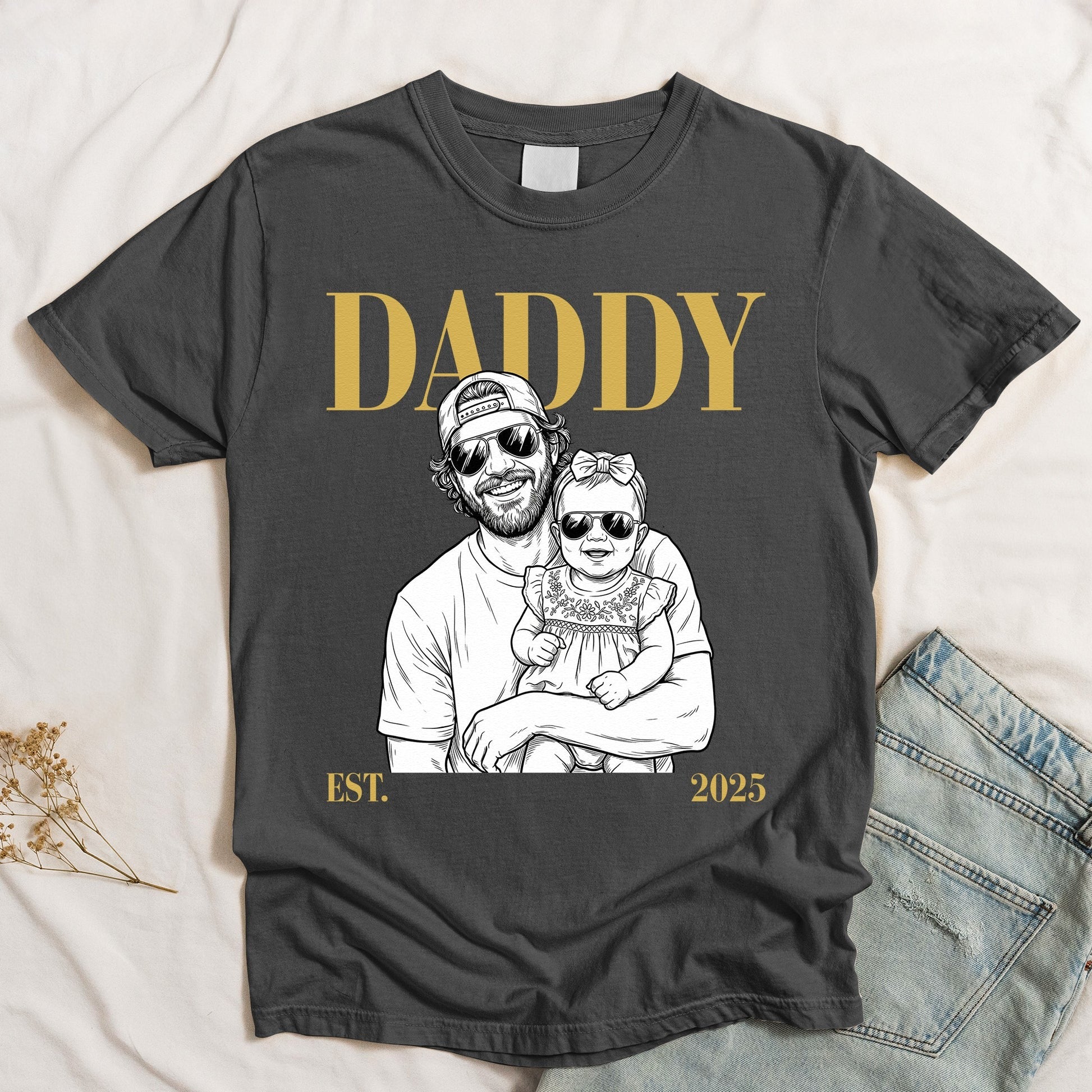 Daddy Est Custom Photo Sketch Line Art T-shirt Sweatshirt Hoodie | Personalized Father's Day Gift