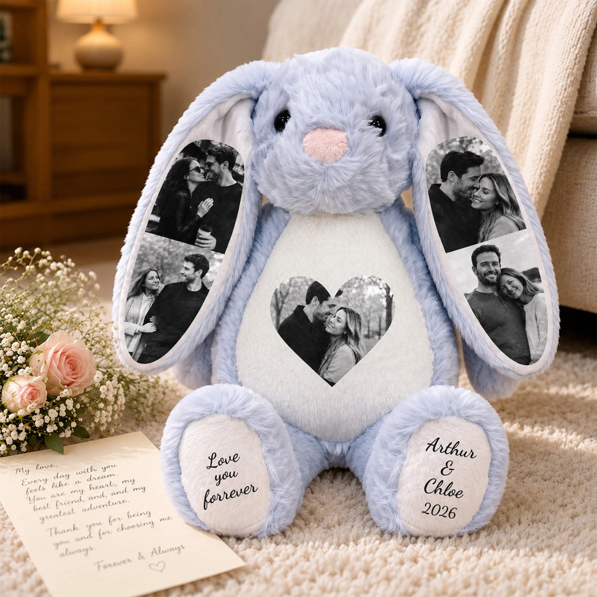 Couple Custom Photo Bunny Plush — Personalized Stuffed Rabbit, Anniversary Valentine Birthday Gift for Her or Him