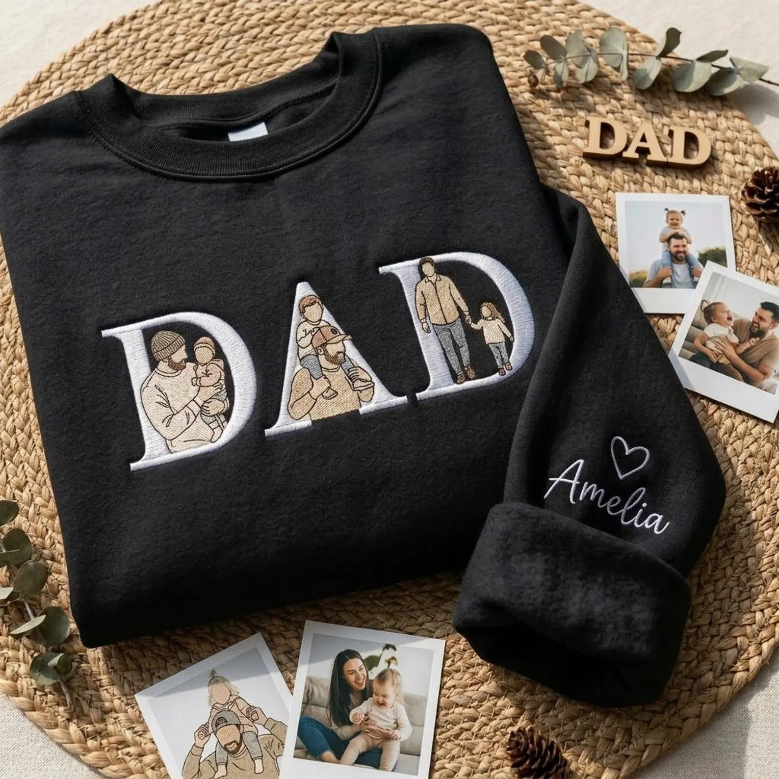 Custom Photo Portrait Letter Embroidered Sweatshirt T-Shirt Gift for Dad-Father's Day Gift