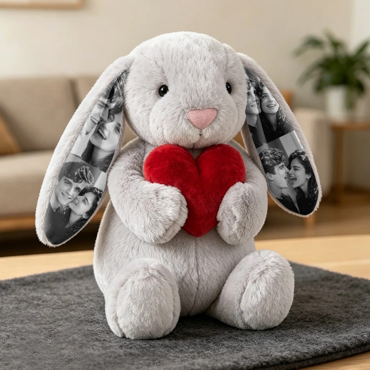 Custom Photo Red Rose Bunny Plush Personalized Hidden Ear Picture Bunny Gift for Couples Anniversary Gifts