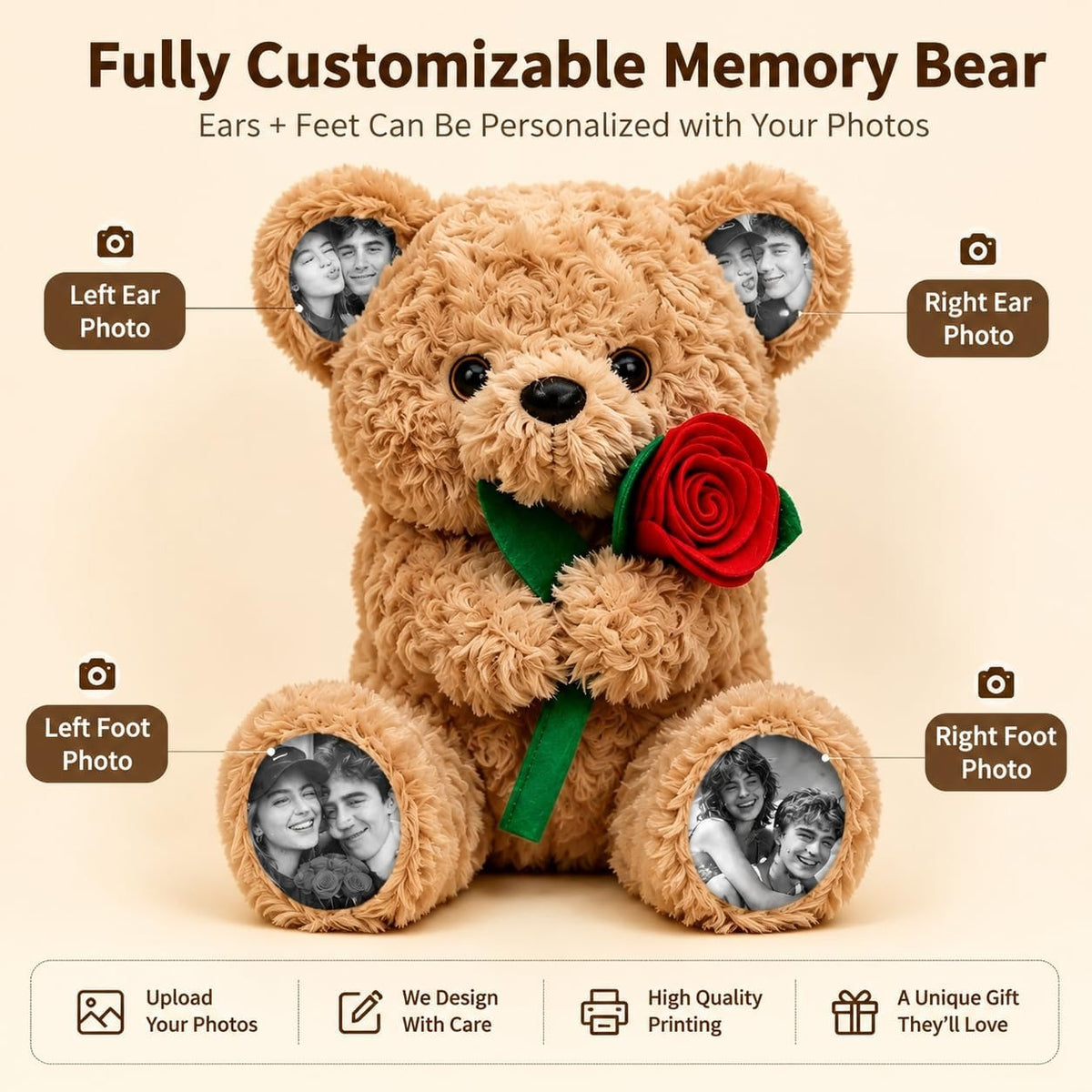 Custom Photo Teddy Bear with Rose Personalized Plush Bear with Pictures on Ears & Feet, Romantic Gift for Couple, Valentine's Day, Anniversary, Birthday