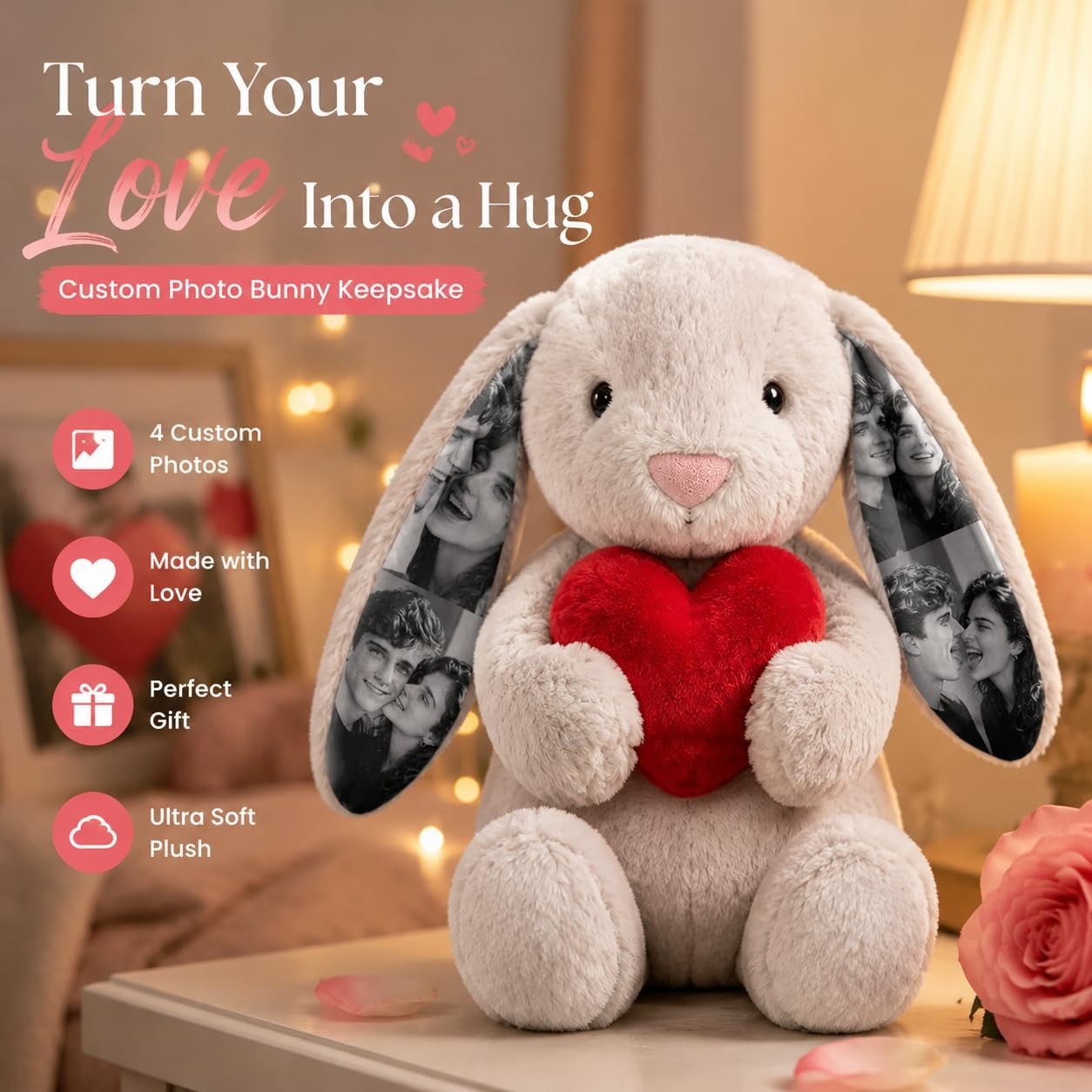 Custom Photo Red Rose Bunny Plush Personalized Hidden Ear Picture Bunny Gift for Couples Anniversary Gifts