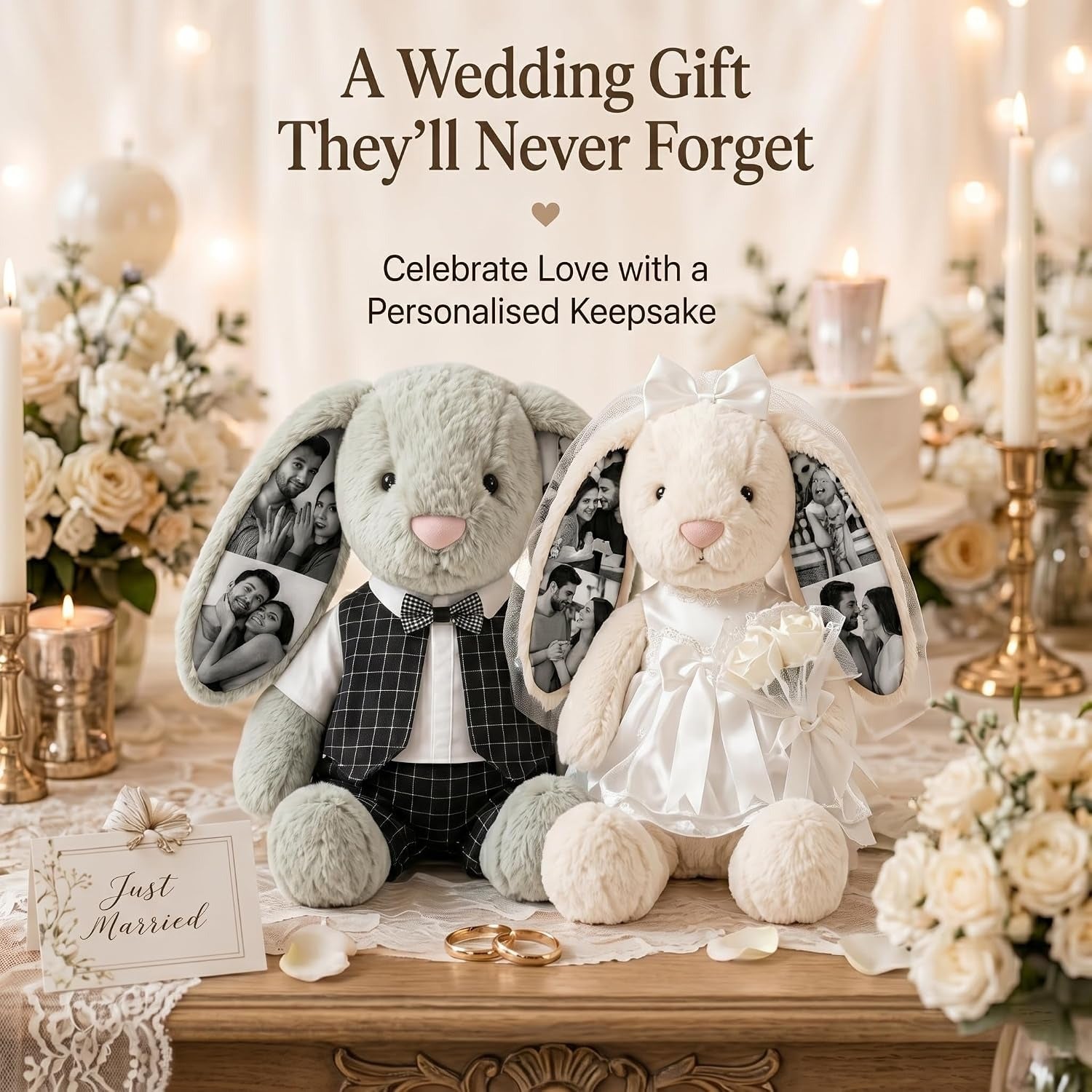 Custom Photo Wedding Bunny Plush Personalized Bride & Groom Bunny Stuffed Animal, Anniversary Wedding Gift for Couples