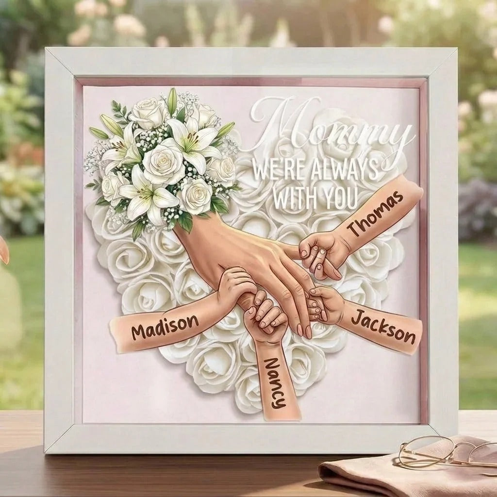 White Roses Custom Mom Holding Hands Memorial Shadow Box – Custom Name Remembrance Frame, Mother’s Day In Loving Memory Gift
