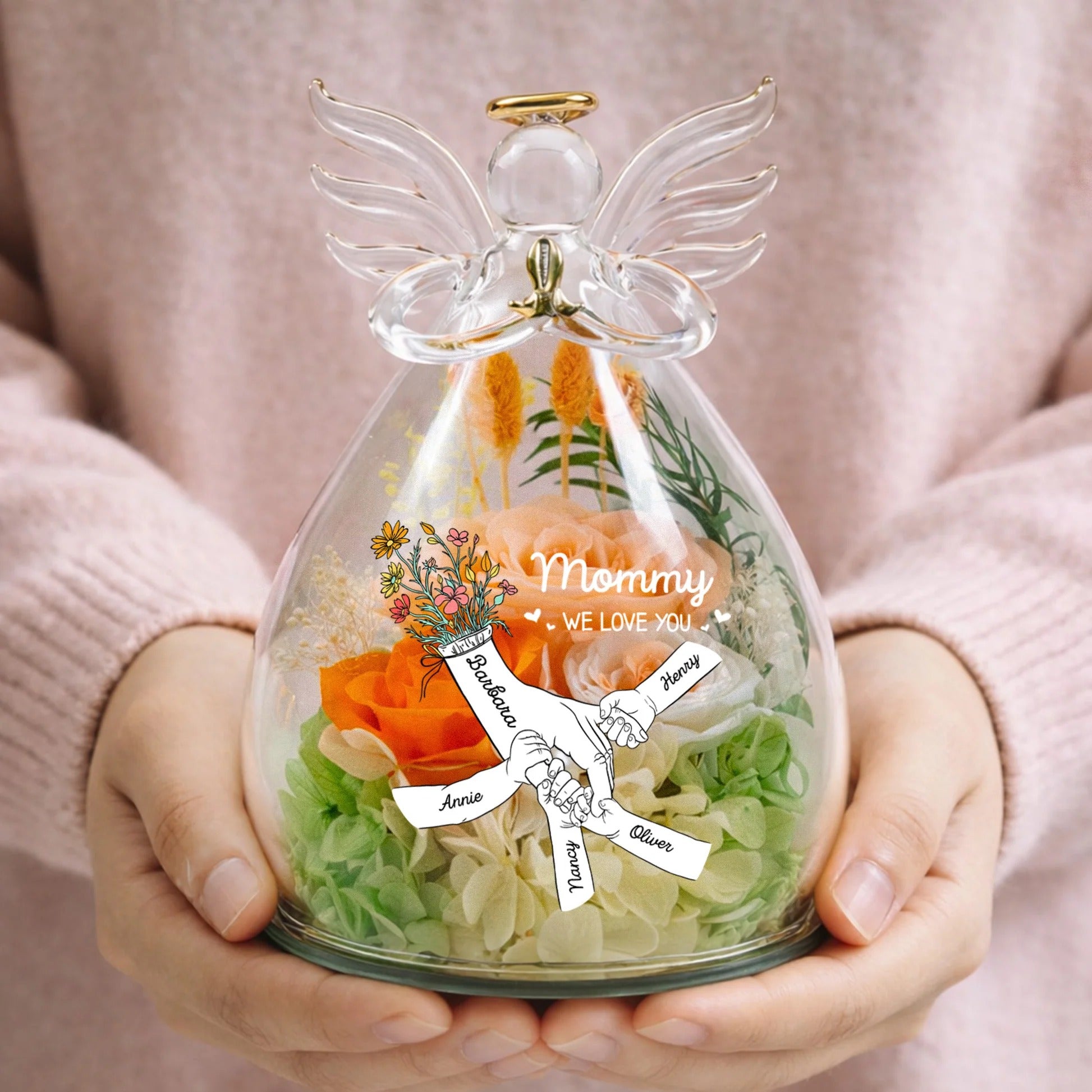 We Love You Holding Hands Mother's Day Gift For Wife, Mom, Grandma - Personalized Flower In Angel Figurines