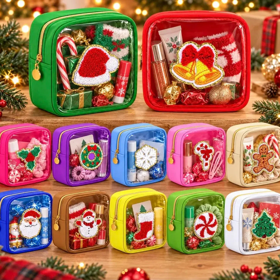 Christmas Makeup Bags — Clear Preppy Patch Zipper Pouches, Festive Holiday Cosmetic Organizer