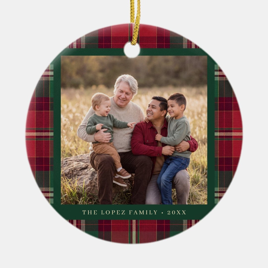 Personalized Tartan Plaid Family Photo Ceramic Ornament — Custom Christmas Tree Decoration & Keepsake Gift