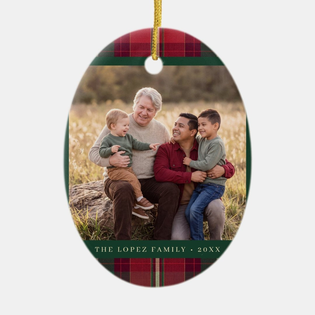 Personalized Tartan Plaid Family Photo Ceramic Ornament — Custom Christmas Tree Decoration & Keepsake Gift