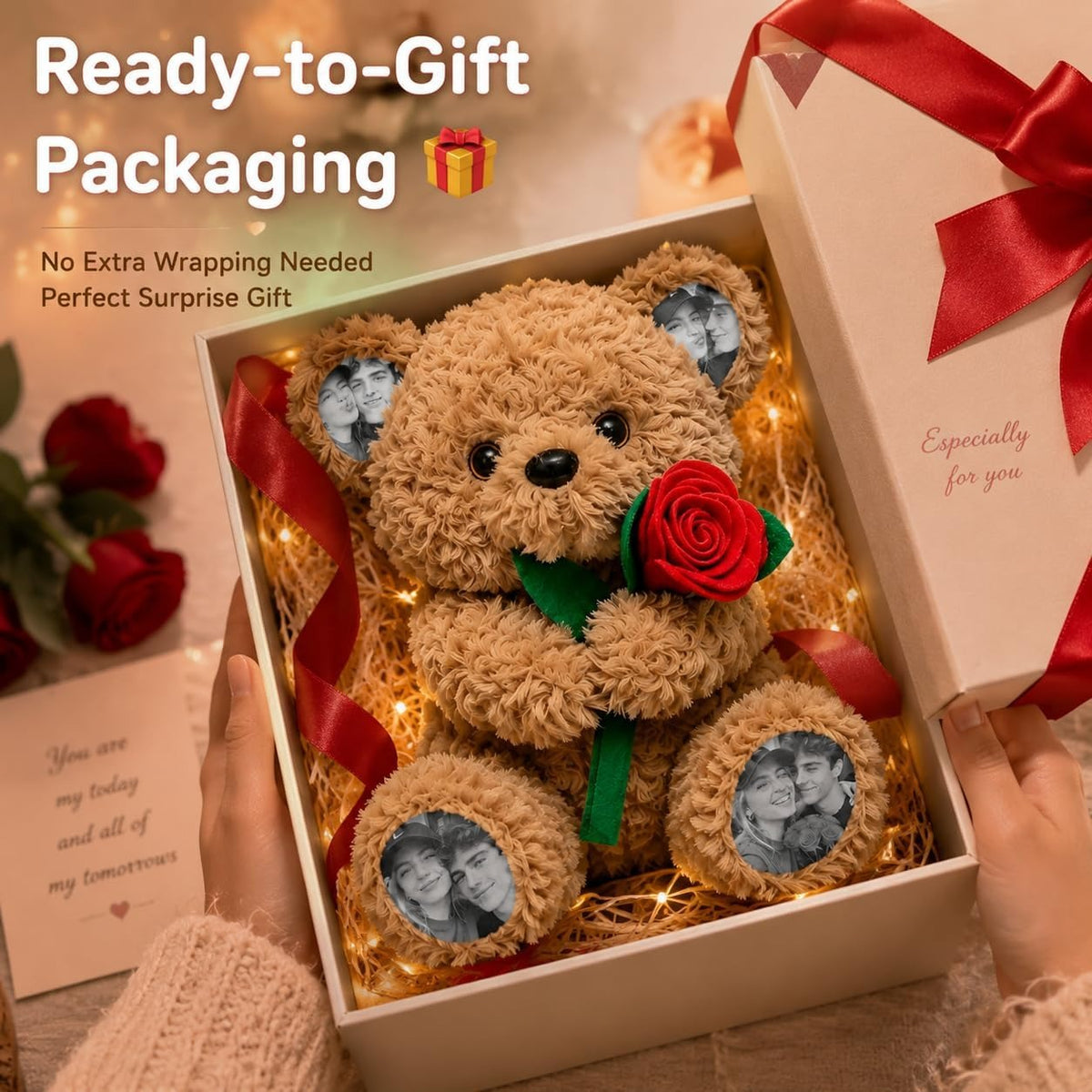 Custom Photo Teddy Bear with Rose Personalized Plush Bear with Pictures on Ears & Feet, Romantic Gift for Couple, Valentine's Day, Anniversary, Birthday