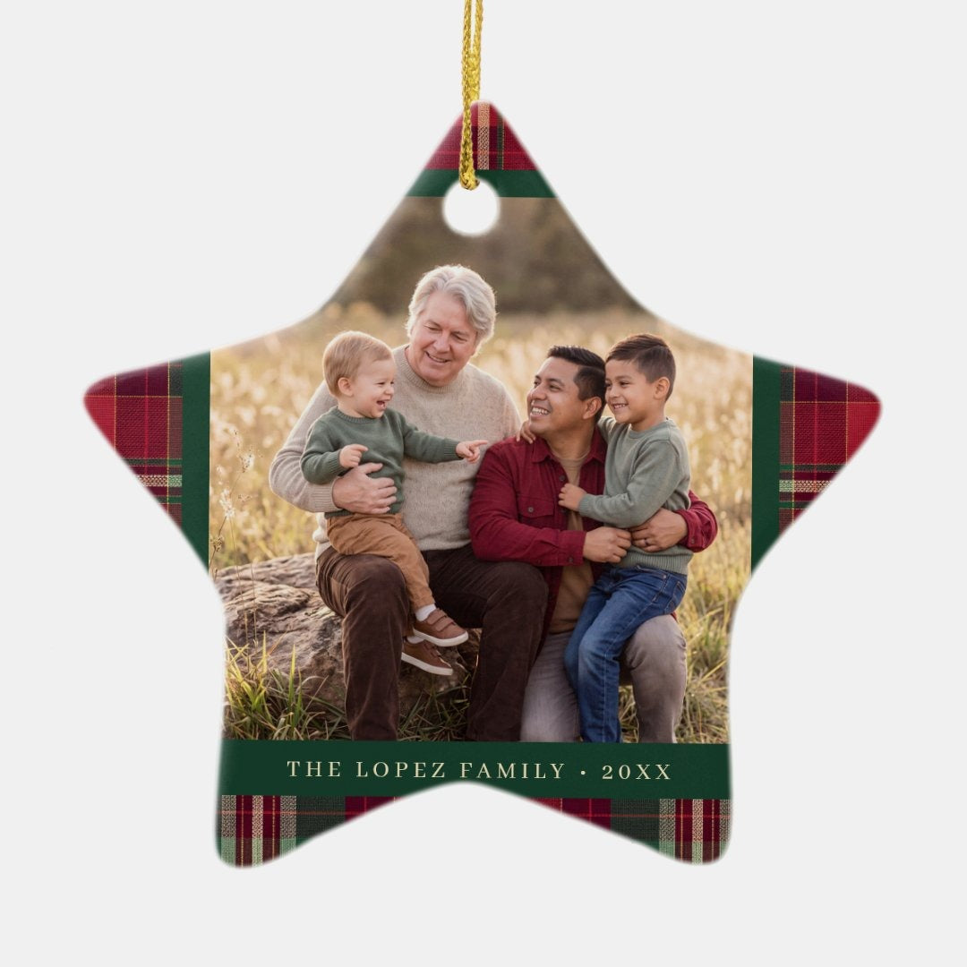 Personalized Tartan Plaid Family Photo Ceramic Ornament — Custom Christmas Tree Decoration & Keepsake Gift
