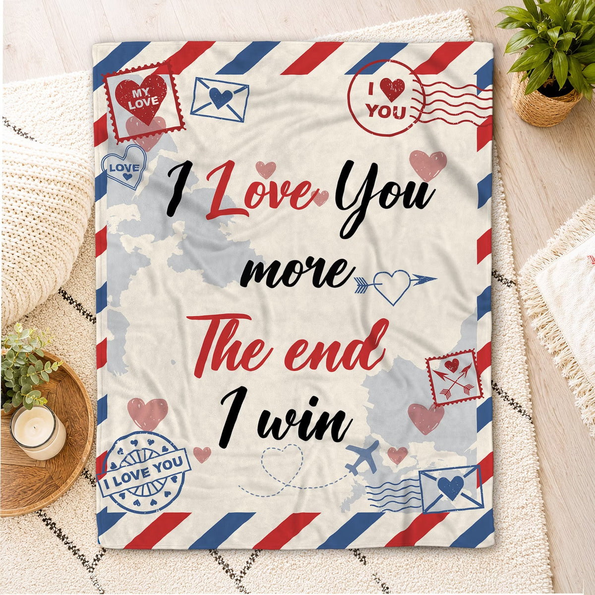 Air Mail "I Love You More" Blanket — Funny Romantic Fleece Throw & Couple Gift