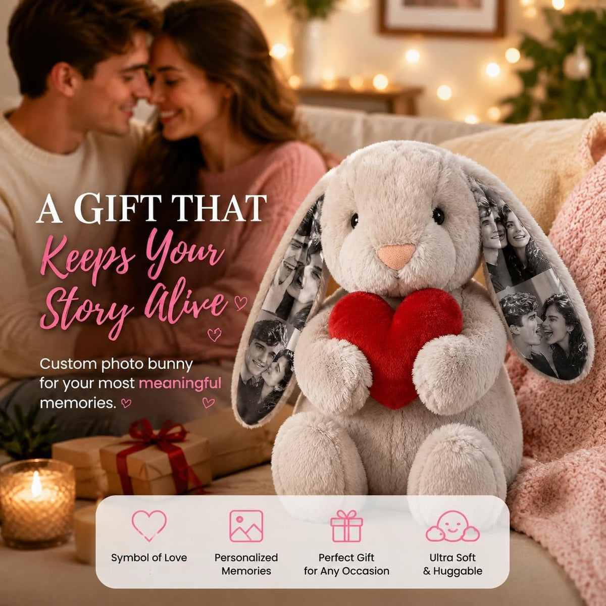 Custom Photo Red Rose Bunny Plush Personalized Hidden Ear Picture Bunny Gift for Couples Anniversary Gifts