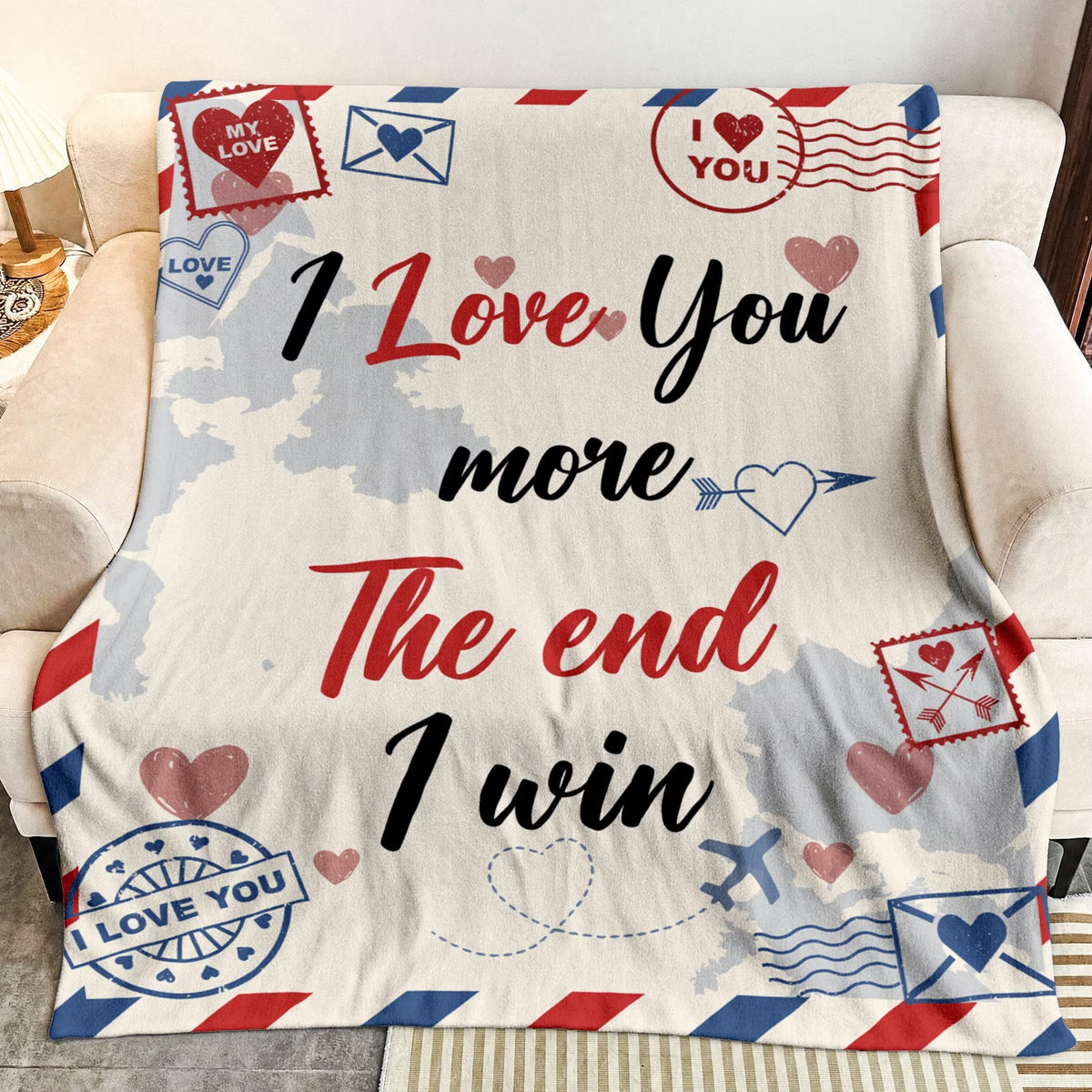 Air Mail "I Love You More" Blanket — Funny Romantic Fleece Throw & Couple Gift