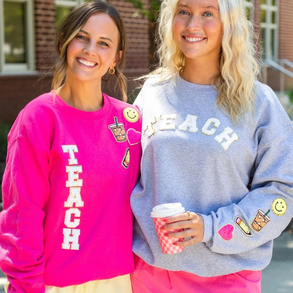 Custom Glitter “TEACH” Letter Patch Sweatshirt – Coordinating Smiley, Coffee, Pencil & Heart Icons for Teachers