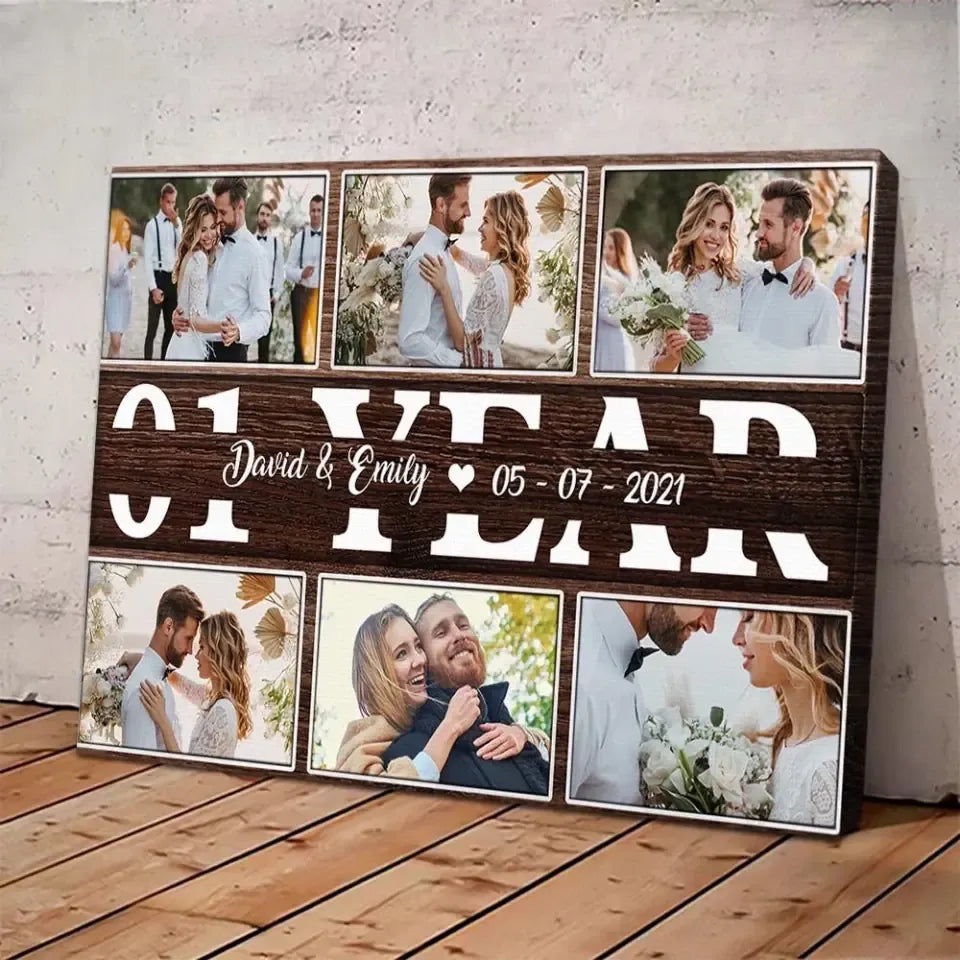 Custom Canvas Poster for Couples – Upload 6 Photos, Personalized Anniversary Gift with Names, Date & Milestone Years