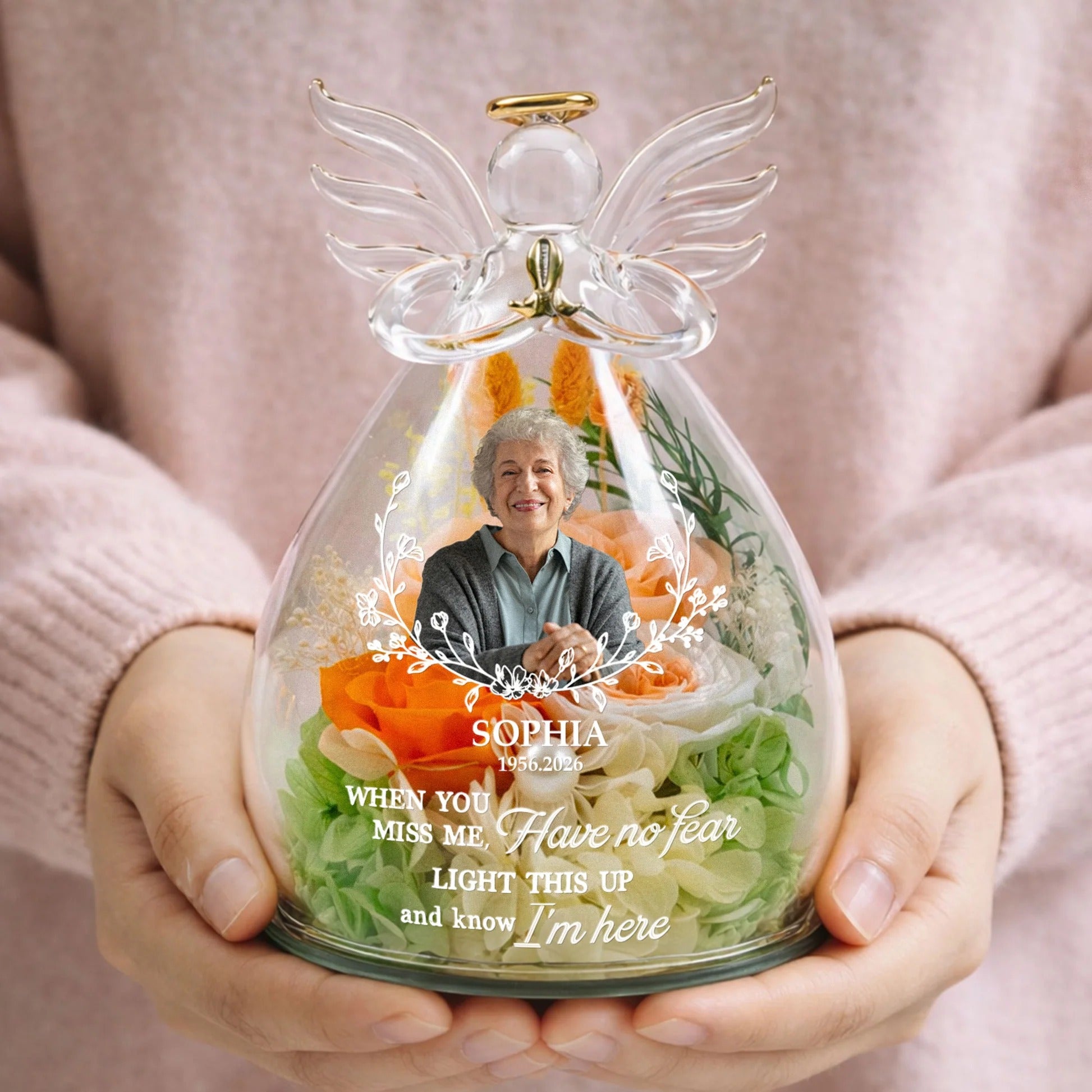 Light This Up And Know I'm Here Memorial Gift -Personalized Angel Figurine - Custom Flower & Message Mother's Day Gift